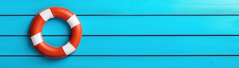 A vibrant life preserver rests against a blue wooden backdrop, symbolizing safety and summer adventures.
