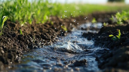 Fototapeta premium Close-up of irrigation water flowing over dark, fertile soil in a field, creating texture and depth with room for text.