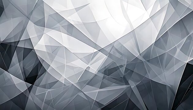 A complex abstract design shows transparent overlapping layers of angular shapes in shades of gray and white