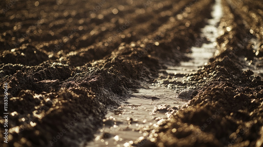 Aufkleber close-up of irrigation water flowing over dark, fertile soil in a field, creating texture and depth 