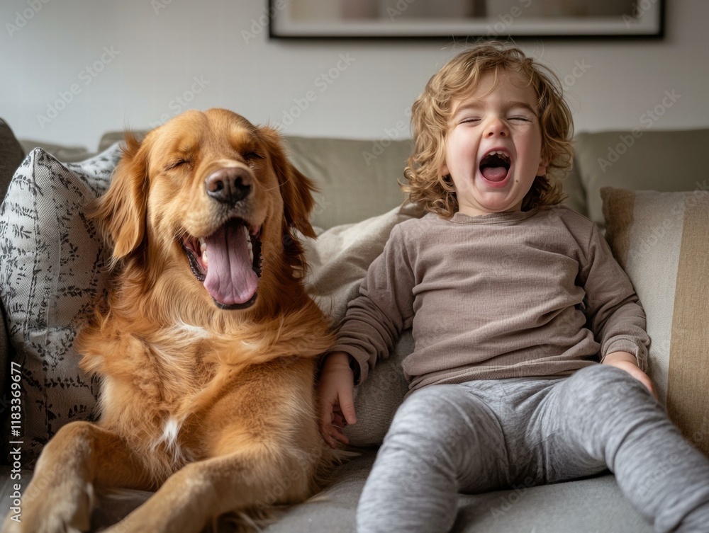 Poster Happy child and dog relaxing on a couch. AI.