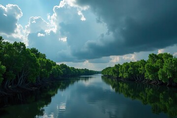 Obraz premium Stormy clouds gather over the mangrove trees of a coastal wetland river, clouds, river, wetland