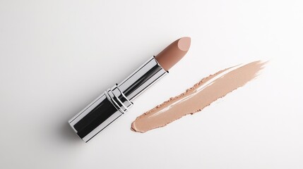 A single lipstick tube lying horizontally with its tip delicately smeared on the white background.