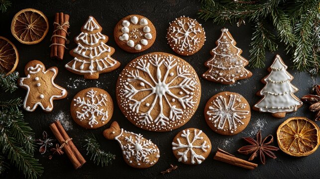 Festive gingerbread cookies decorated with icing. AI.