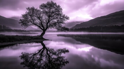 Lonely tree reflecting in calm lake at dawn, misty mountains