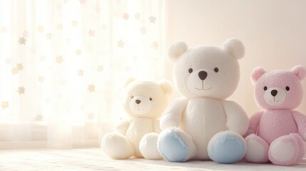 Cozy and inviting nursery featuring soft pastel hues, cuddly plush toys, and a warm, welcoming design with ample copy space.
