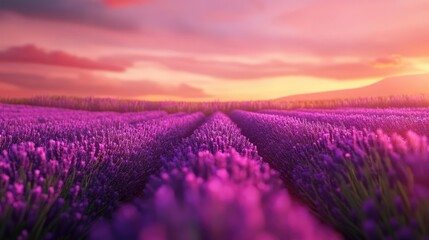 Fototapeta premium Detailed shot of vibrant purple lavender blooms in a field, creating a serene agricultural scene with copy space.