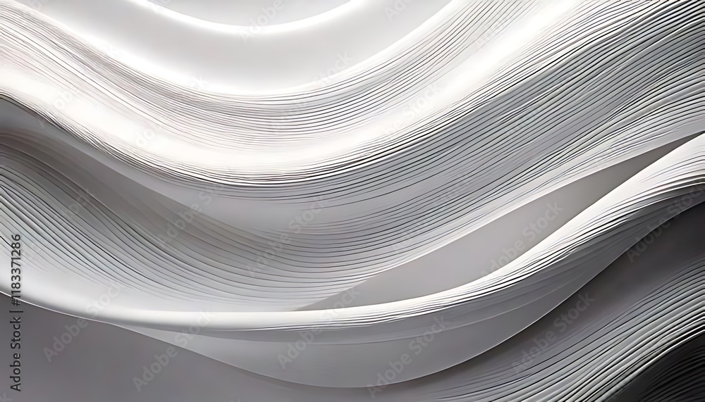 Poster a fluid, white, and layered pattern forms an abstract backdrop.