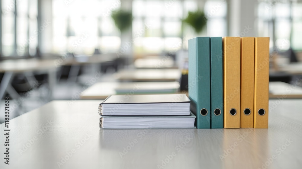 Poster Ring binders and notebooks sitting on desk in empty office promoting organization