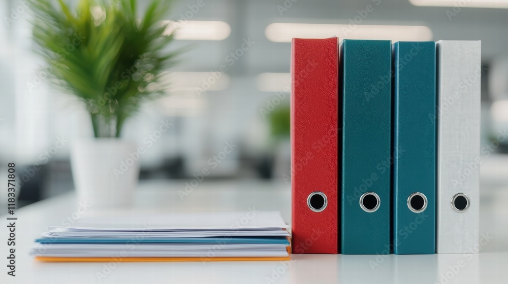 Poster Colorful ring binders standing on a desk representing organization and efficiency in a bright open office