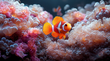 Clownfish swimming near pink coral formations, underwater marine life scene