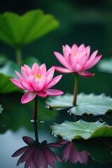 Obraz premium Water lily flowers in full bloom on tranquil pond surface, lilies, peaceful, blooms
