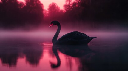 Fototapeta premium Black swan swimming serene lake, misty dawn, red sky, nature photography