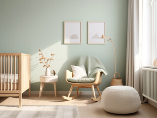 Modern minimalist scandinavian style nursery interior with sage walls, crib, armchair and artwork on the wall. Cozy modern nursery interior. Minimalist childs room design.