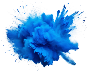 Color powder blue explosion splash of paint dust with particles cloud isolated on white and transparent background.