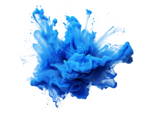 Color powder blue explosion splash of paint dust with particles cloud isolated on white and transparent background.
