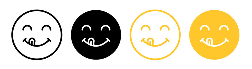 Yummy smile emoji icons set in fill and stroke style on white background