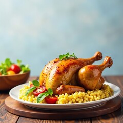 Whole roasted chicken served on a wooden table with rice and colorful salad, table, garnishes