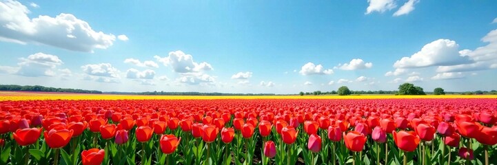 Wide-angle shot of a blooming tulip field with a blue sky above, vast tulip fields, green grass, serene atmosphere