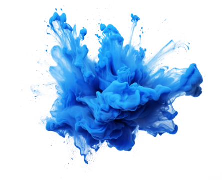 Color powder blue explosion splash of paint dust with particles cloud isolated on white and transparent background. - Powered by Adobe
