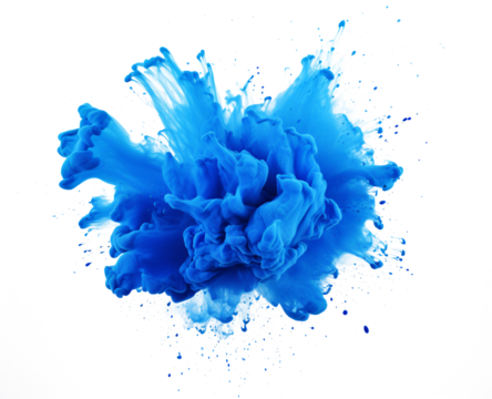 Color powder blue explosion splash of paint dust with particles cloud isolated on white and transparent background.