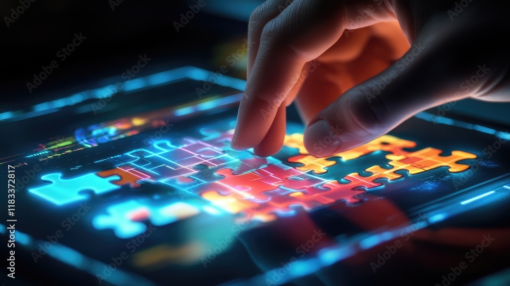 Poster an animated-style rendering of a crossmatic puzzle being solved on a digital touch interface.