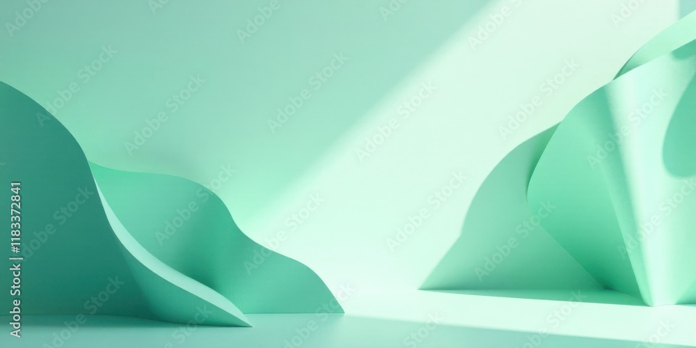 Poster abstract mint green paper waves and shadows minimalist background for design
