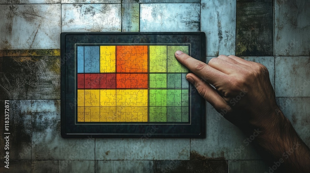 Poster an animated-style rendering of a crossmatic puzzle being solved on a digital touch interface.