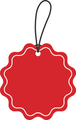Blank red round starburst hang tags with wavy edges and white borders. Flat design illustration.	