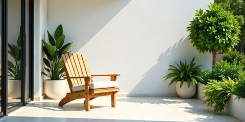 Obraz premium Serene Patio with Wooden Chair and Lush Greenery
