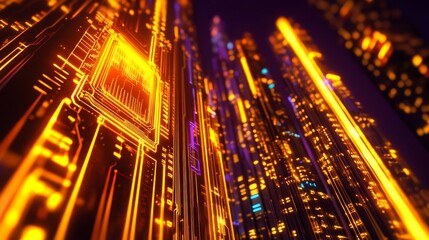 A futuristic cityscape with glowing circuitry and vibrant neon lights.