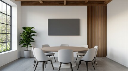 Modern meeting room with large screen displaying impactful presentation