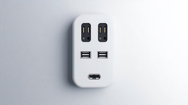 A white plug with two outlets and two USB ports