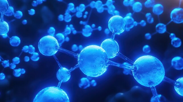 Nitrogen atoms glowing in a dark blue molecular network, sci-fi aesthetic 