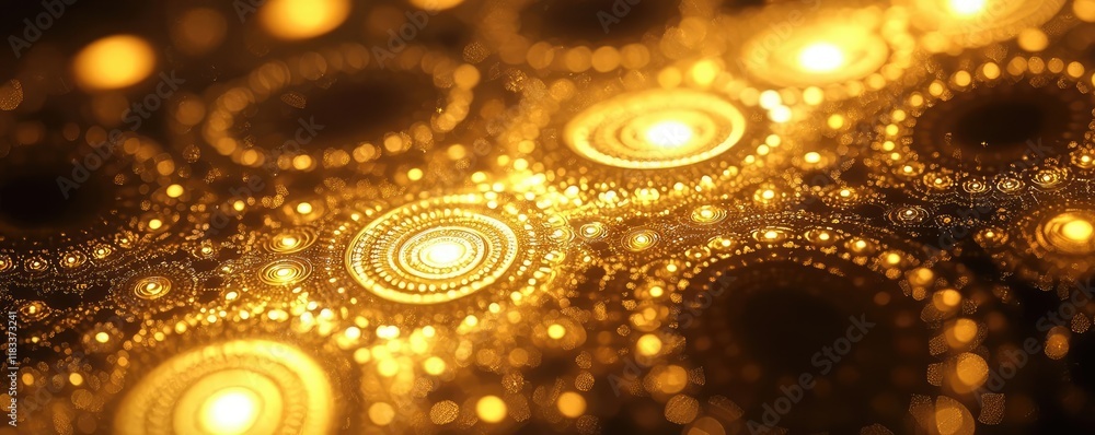 Poster gold abstract background concept. a mesmerizing golden pattern with glowing circles and intricate de