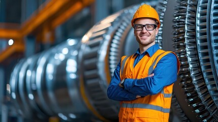 Engineer smiling proudly next to a fully constructed and operational machine, Achievement, pride, recognition, Engineering success