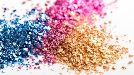 Close-up of crushed eyeshadow pigments in metallic gold, pink, and blue, scattered artistically on white.
