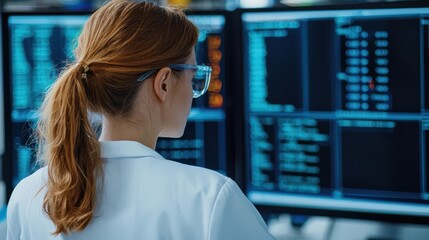 Scientist in a lab with breakthrough discovery displayed on digital monitors, Passion, effort, result, Scientific achievement