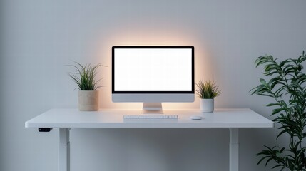 Modern minimalist workspace with computer showing blank screen and two potted plants