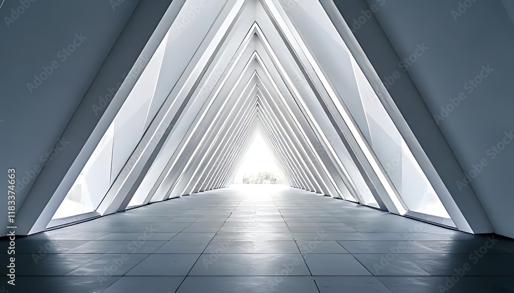 Poster a striking perspective of a triangular hallway with converging lines leads towards a bright distant 
