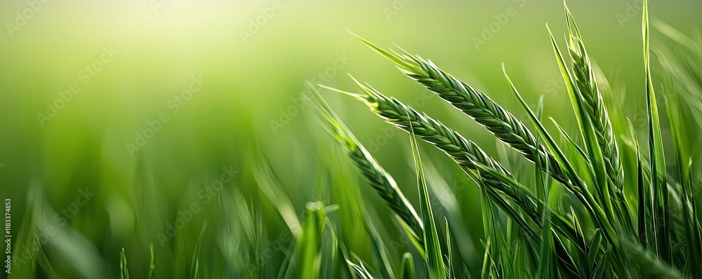 Poster scenery abstract background idea. close-up view of fresh green grass and wheat spikes illuminated by