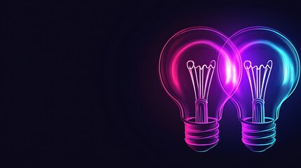Two glowing light bulbs, pink and blue neon, on dark background.