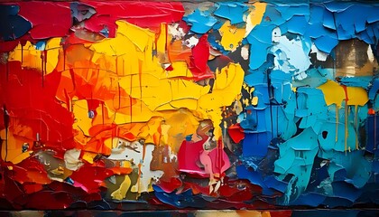 Fototapeta premium A textured surface with vibrant, chipped paint creates a rich, abstract design