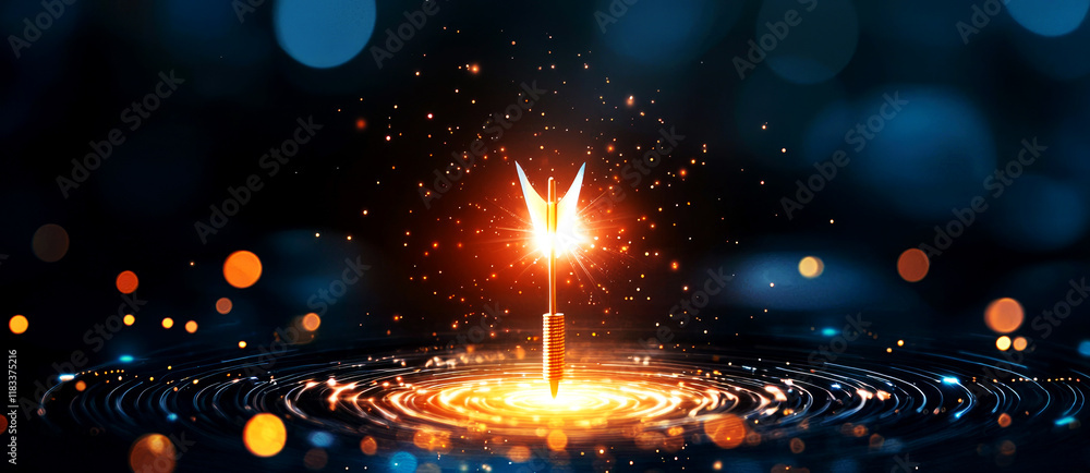 Poster aiming for success striking the dartboard goals with an arrow in a vibrant environment captured from
