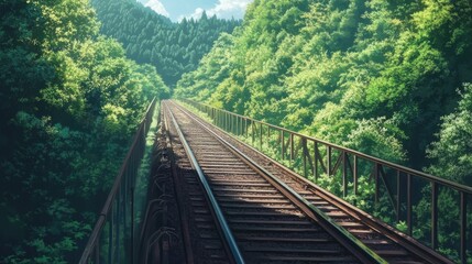 Fototapeta premium Scenic railway tracks surrounded by lush greenery, stretching into the distance, showcasing solo travel inspiration.