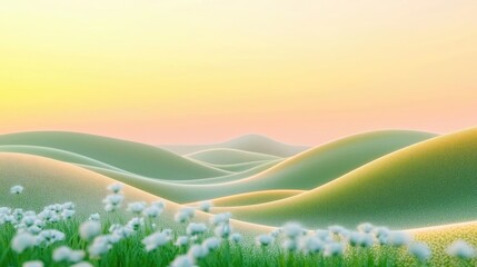 Obraz premium Scenery abstract background idea. Serene landscape with gentle hills and blooming flowers under a pastel sky at sunset.