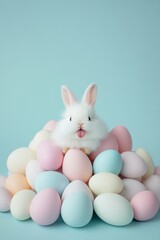 Fototapeta premium Cute White Bunny in Easter Egg Mountain Fashion Magazine Style Perfect for Easter, Christmas, and Valentines Day