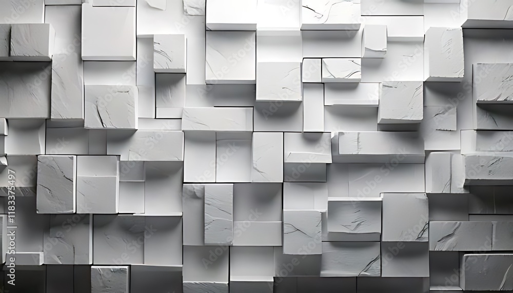 Poster A three-dimensional wall of textured blocks creates a dynamic, abstract pattern