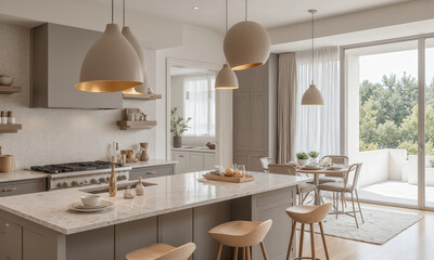 Fototapeta premium Modern mocha mousse pendant lights with sleek, matte domes and warm gold interiors. Suspended in a minimalist kitchen, the pendant