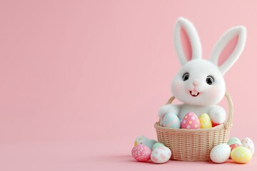 Obraz premium cute easter bunny sitting in the basket with colored eggs 3D cartoon background